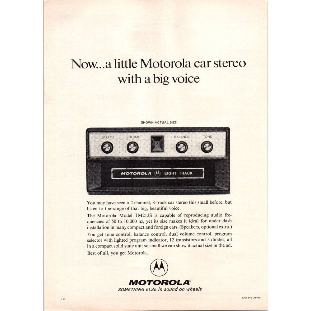 1973 Motorola TM213S 8 Eight Track Car Stereo Vintage Print Ad 70s Wall Art